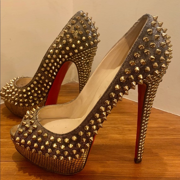Christian Louboutin Shoes - Christian Louboutin Lady Peep Hematite Spike Heels Size EU39